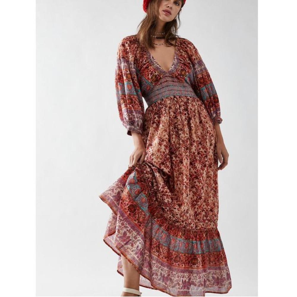 Free People Golden Hour Border Maxi Dress in Orange/Pink color way size large